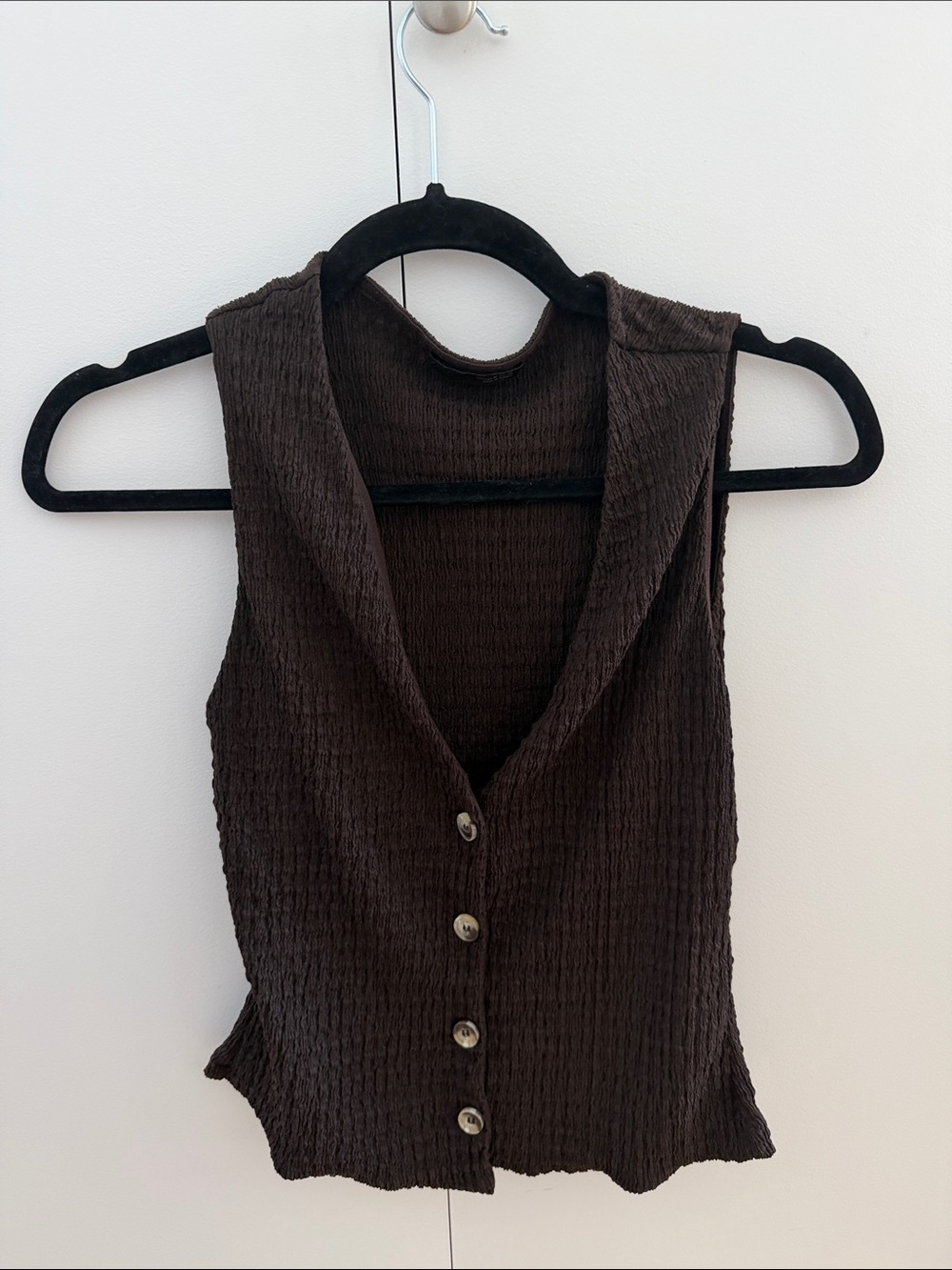 Zara Dark Brown Textured Sleeveless Button-Front Crop Top